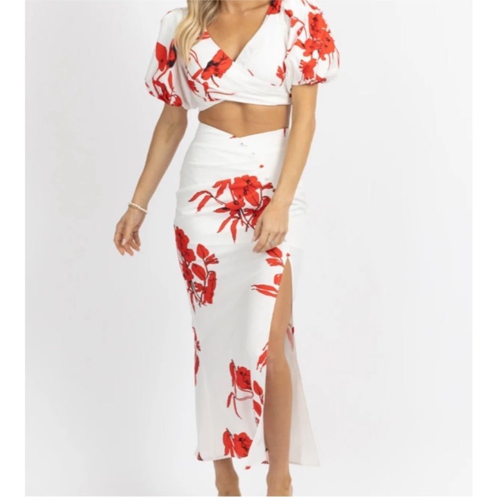 Luxxel Floral Red White Women's Long Skirt & Top Medium Sexy vacation wedding